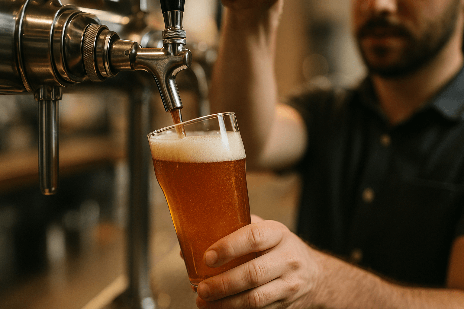 Bartender pouring beer from a stainless steel tap into a pint glass with blurred background
