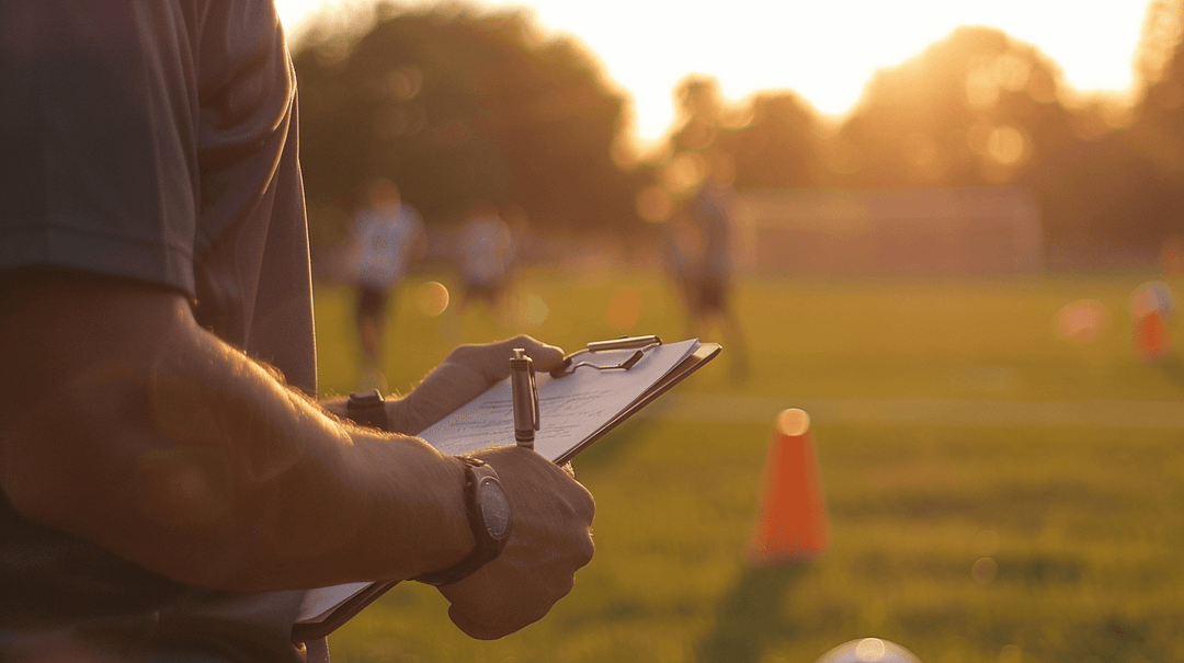 Youth soccer coach holding a clipboard on the sidelines during practice while players train in the background at sunset.