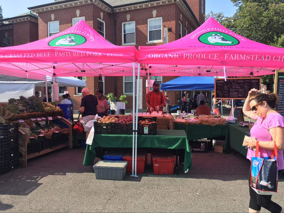 Shoppers browse goods under pink 10x10 farmers market produce tents at a lively outdoor market