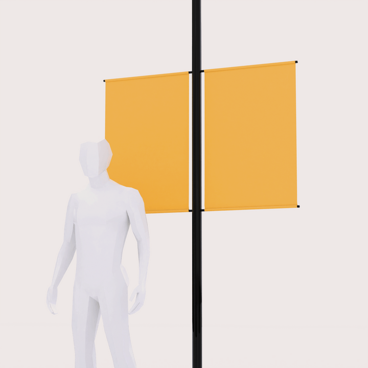 vertical hanging banners on a pole stand next to a 3d model human for size comparison