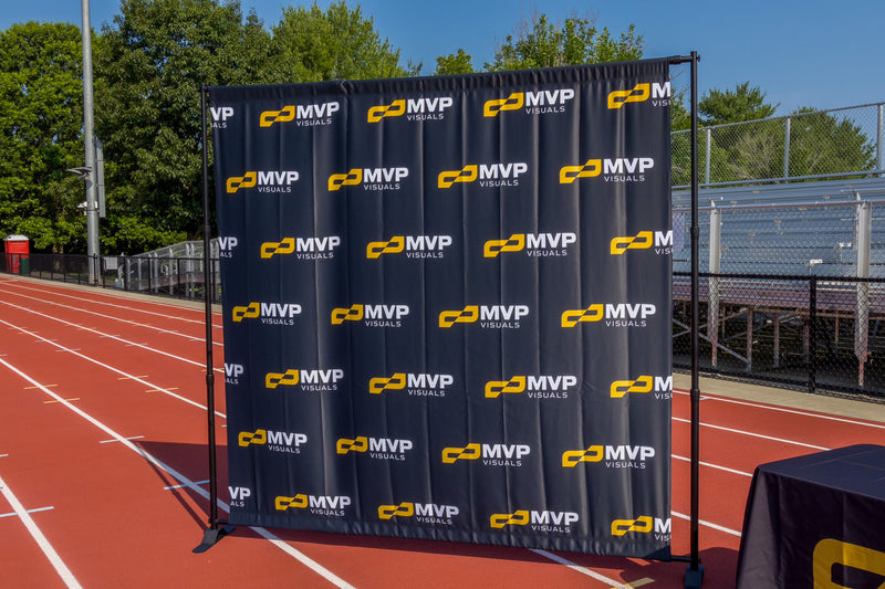8 x 8 custom backdrop banner featuring MVP Visuals' logo