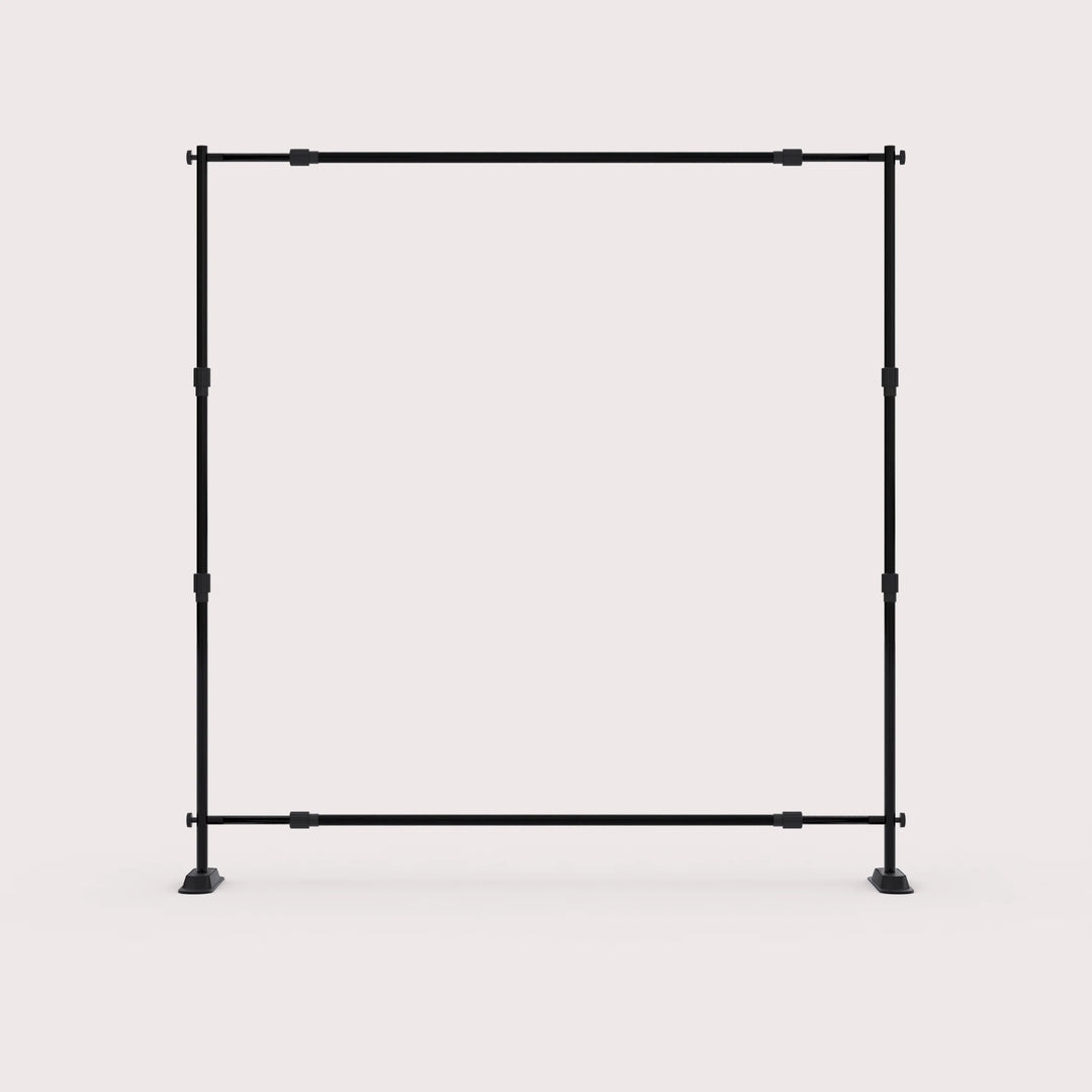 Empty adjustable black frame stand for trade show displays, ready for custom banner attachment