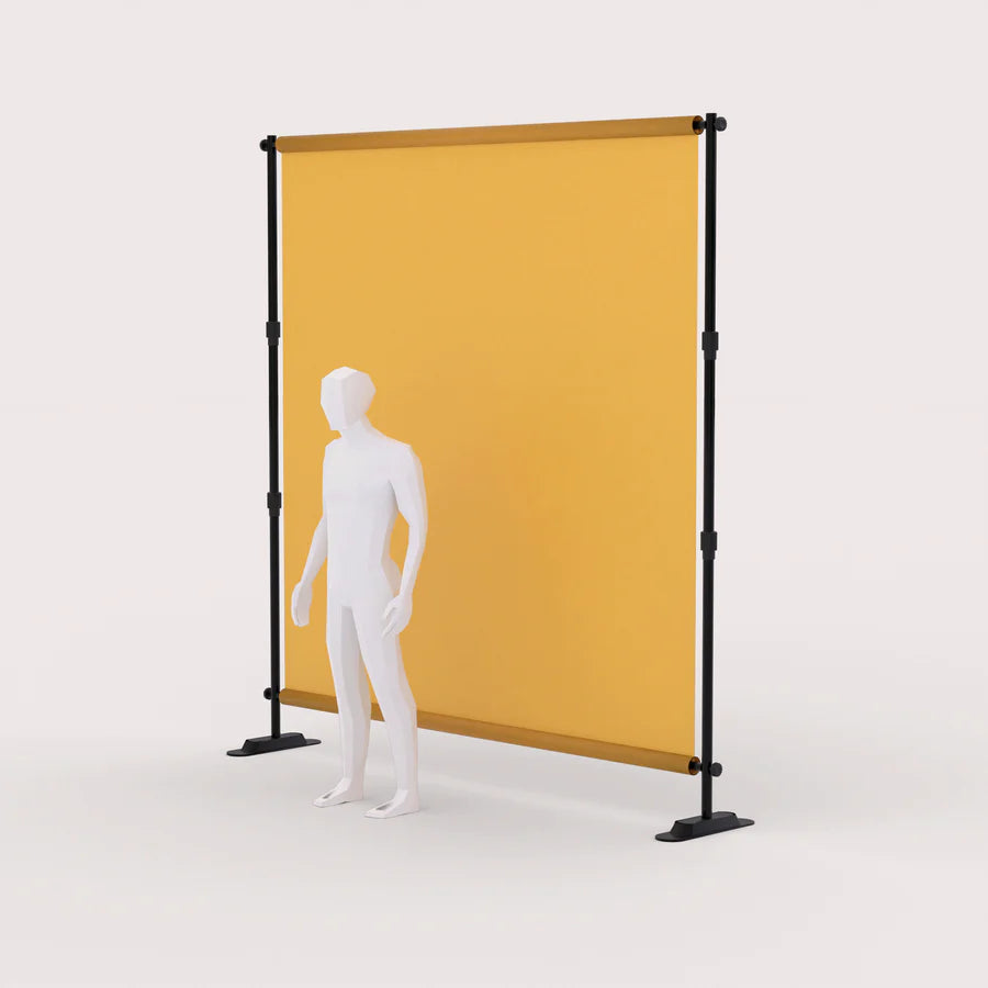 Mannequin beside a yellow adjustable banner stand to illustrate the display height and size