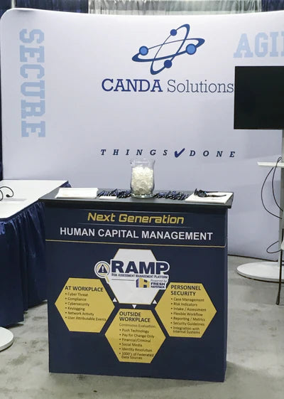 Trade show booth featuring a curved backdrop with CANDA Solutions branding and a table with Human Capital Management display materials