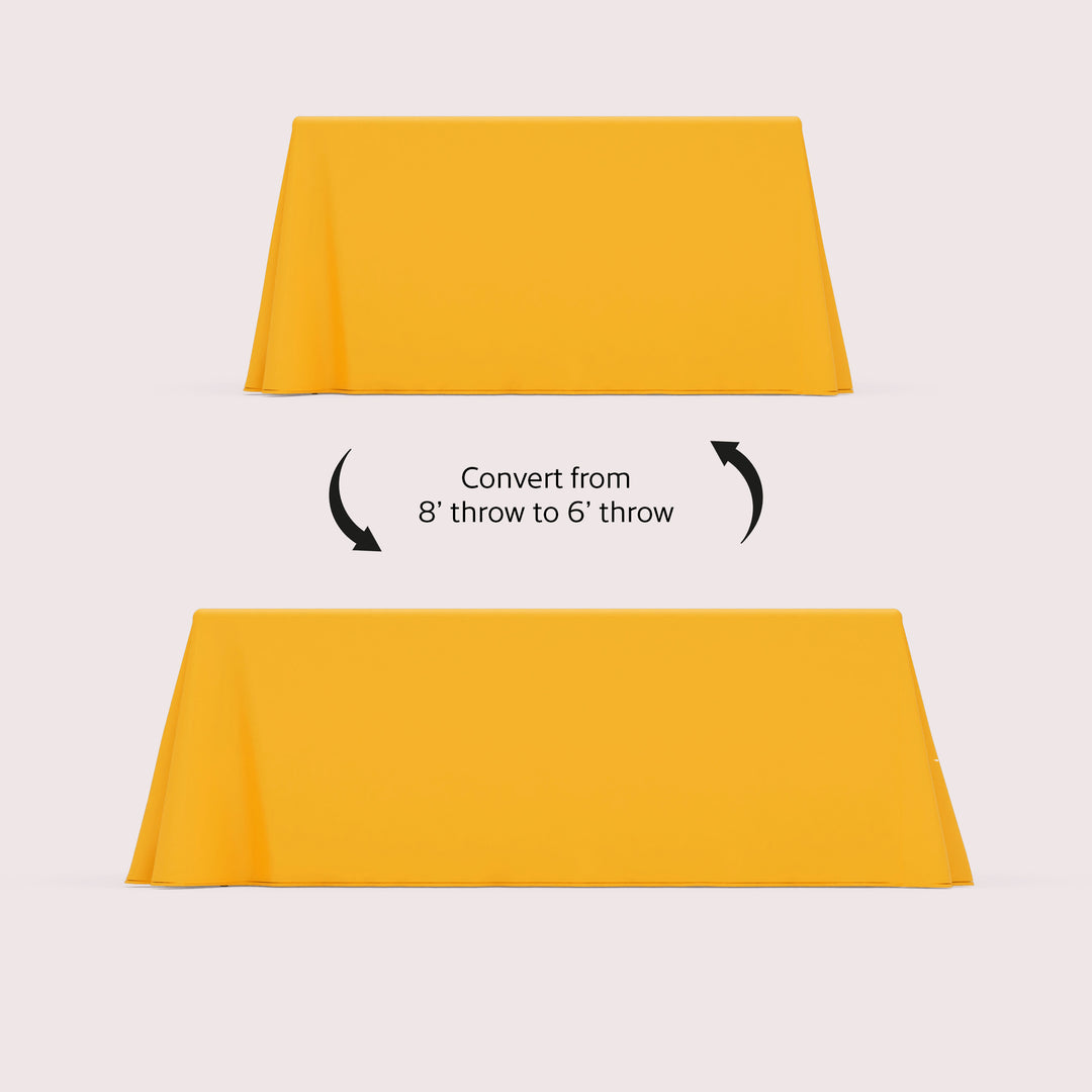 convertible table cover demonstrating its capability to switch from 8 foot throw to 6 foot table throw