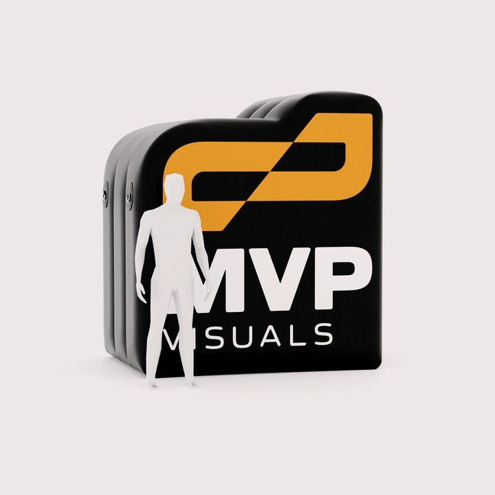 custom inflatable logo with a 3d model standing infront for scale