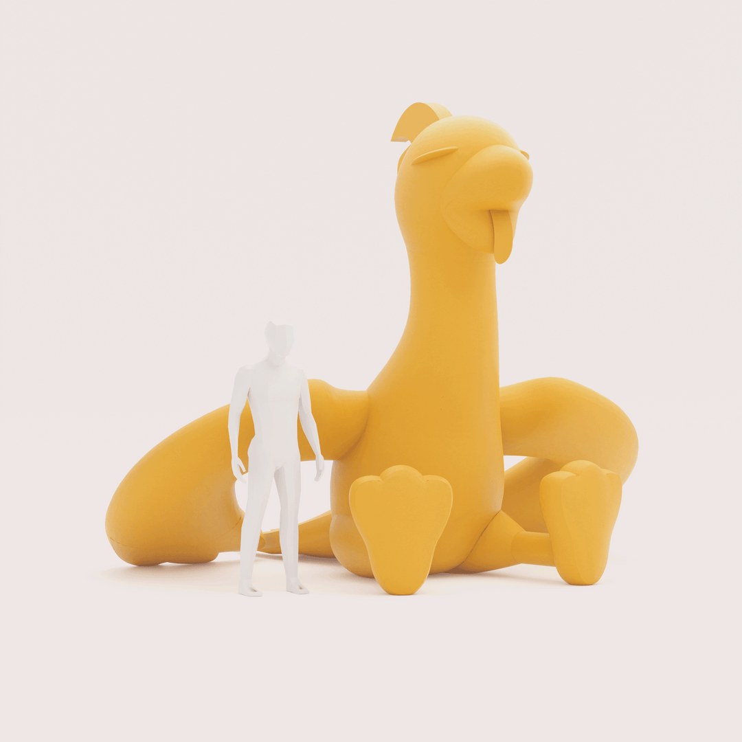 giant inflatable bird mascot with 3d model of human standing next to it for scale