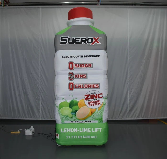 Inflatable promotional replica of a lemon-lime flavored electrolyte beverage bottle