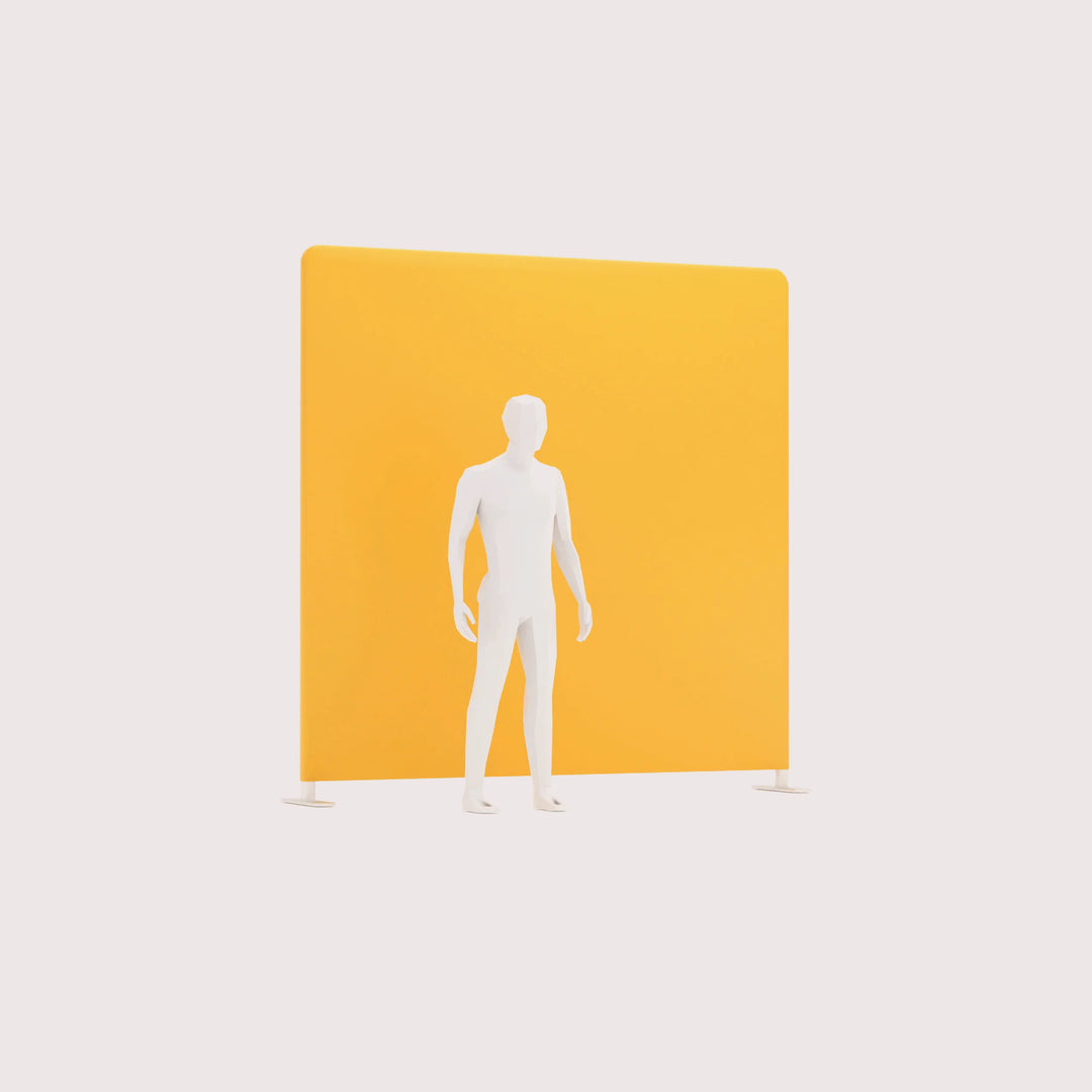 Mannequin standing in front of a solid yellow tension fabric pop-up display stand for scale reference