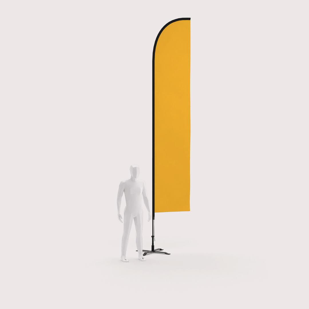 15 ft flying feather flag with a flag base next to a 3D human model