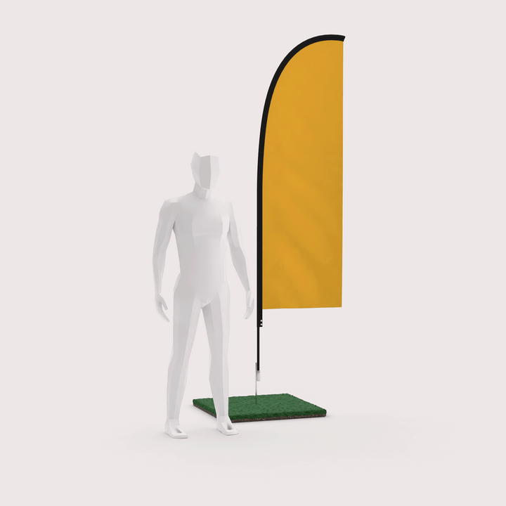custom 9 ft feather flag staked in the ground next to a 3D human model