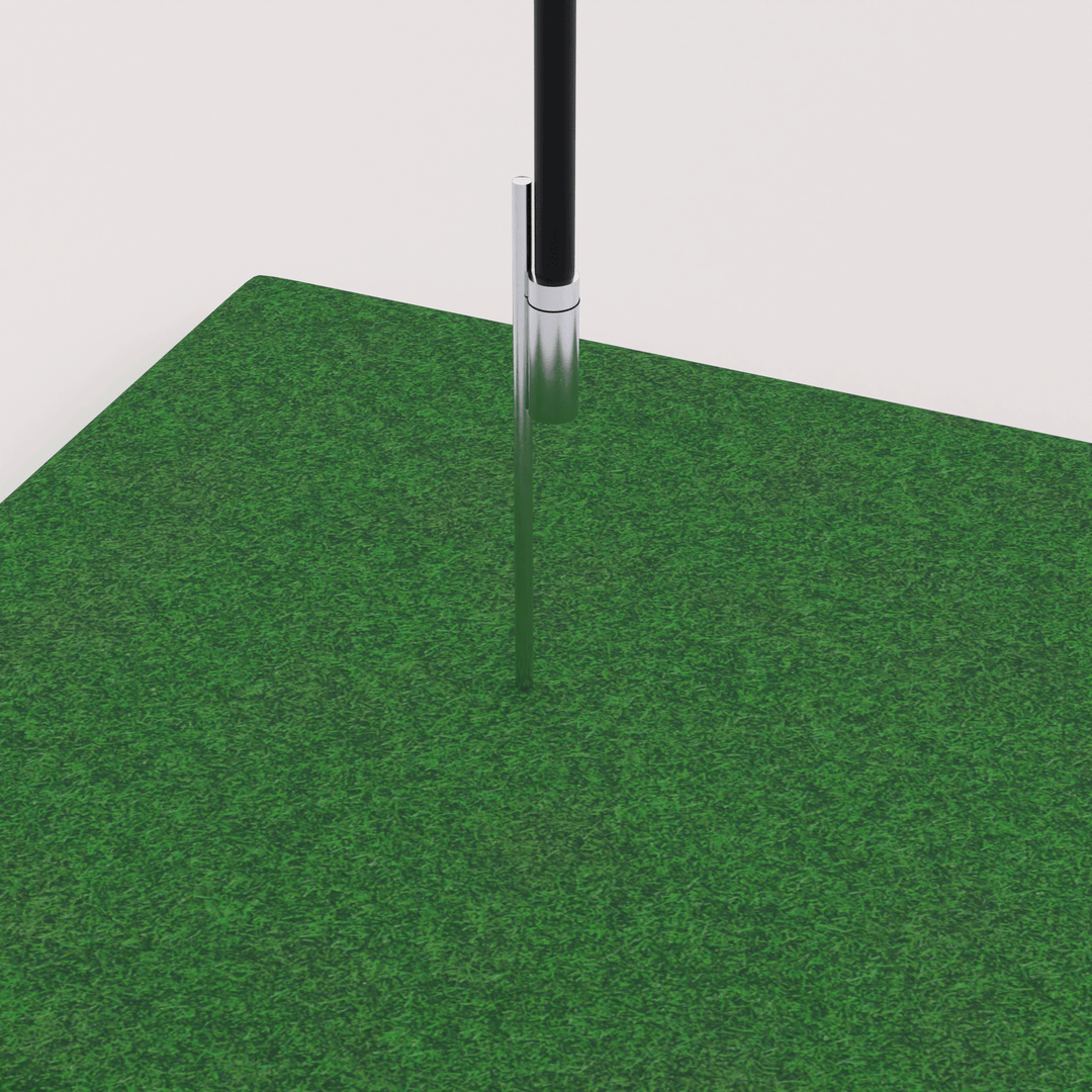 teardrop flag pole staked into the green turf