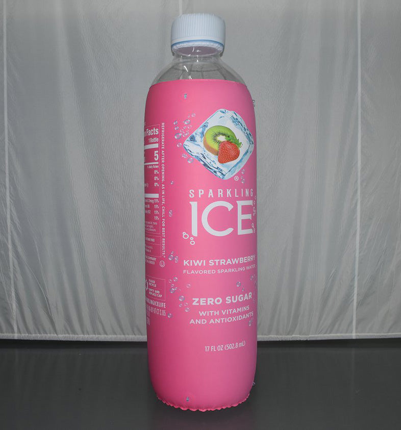 inflatable bottle customized for sparkling ice with pink background and featuring strawberry and kiwi flavor