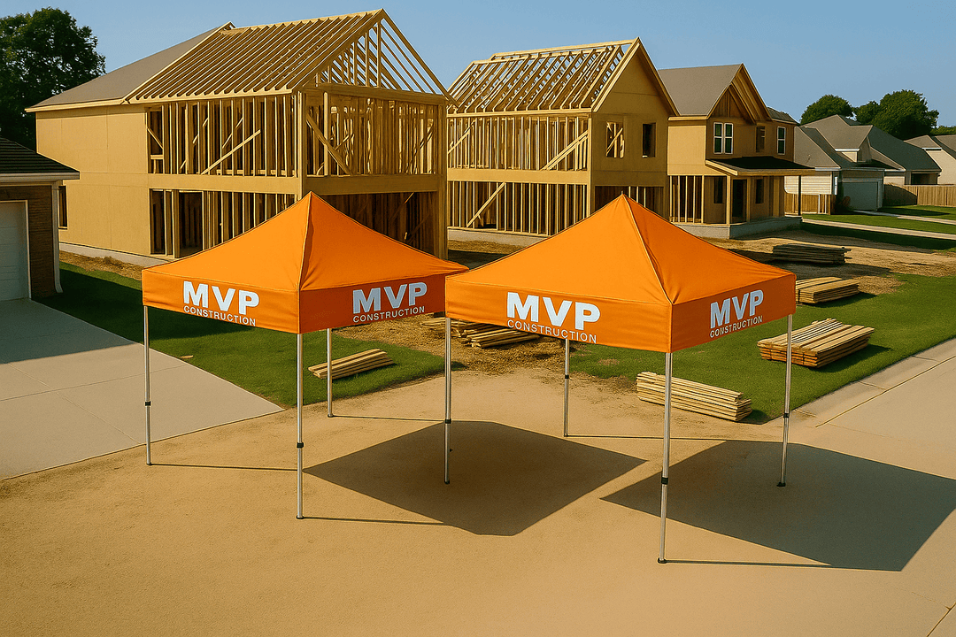 MVP Construction orange canopy tents partially unfolded at a suburban residential construction site with framed wooden houses, lumber stacks, and clear sunny skies, no workers present.