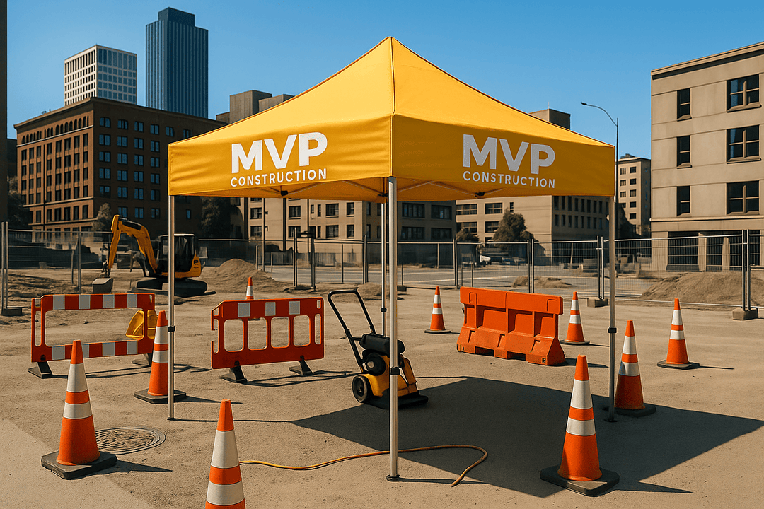 MVP Construction yellow canopy tent at urban construction site on sunny day surrounded by safety barriers and equipment.