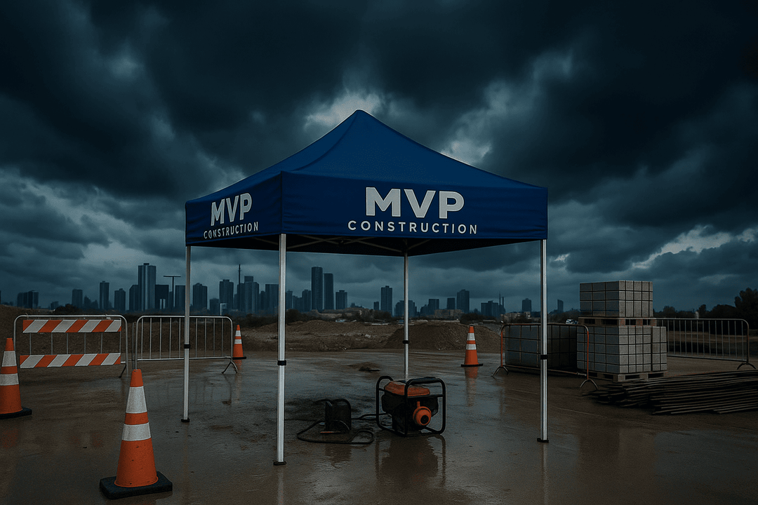 MVP Construction blue canopy tent on stormy construction site with wet ground, safety barriers, and city skyline in background.