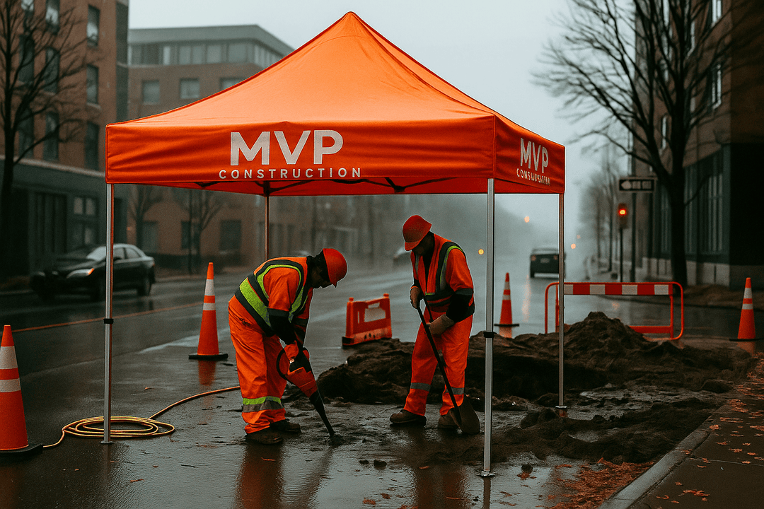 MVP Construction crew working under orange canopy on rainy street