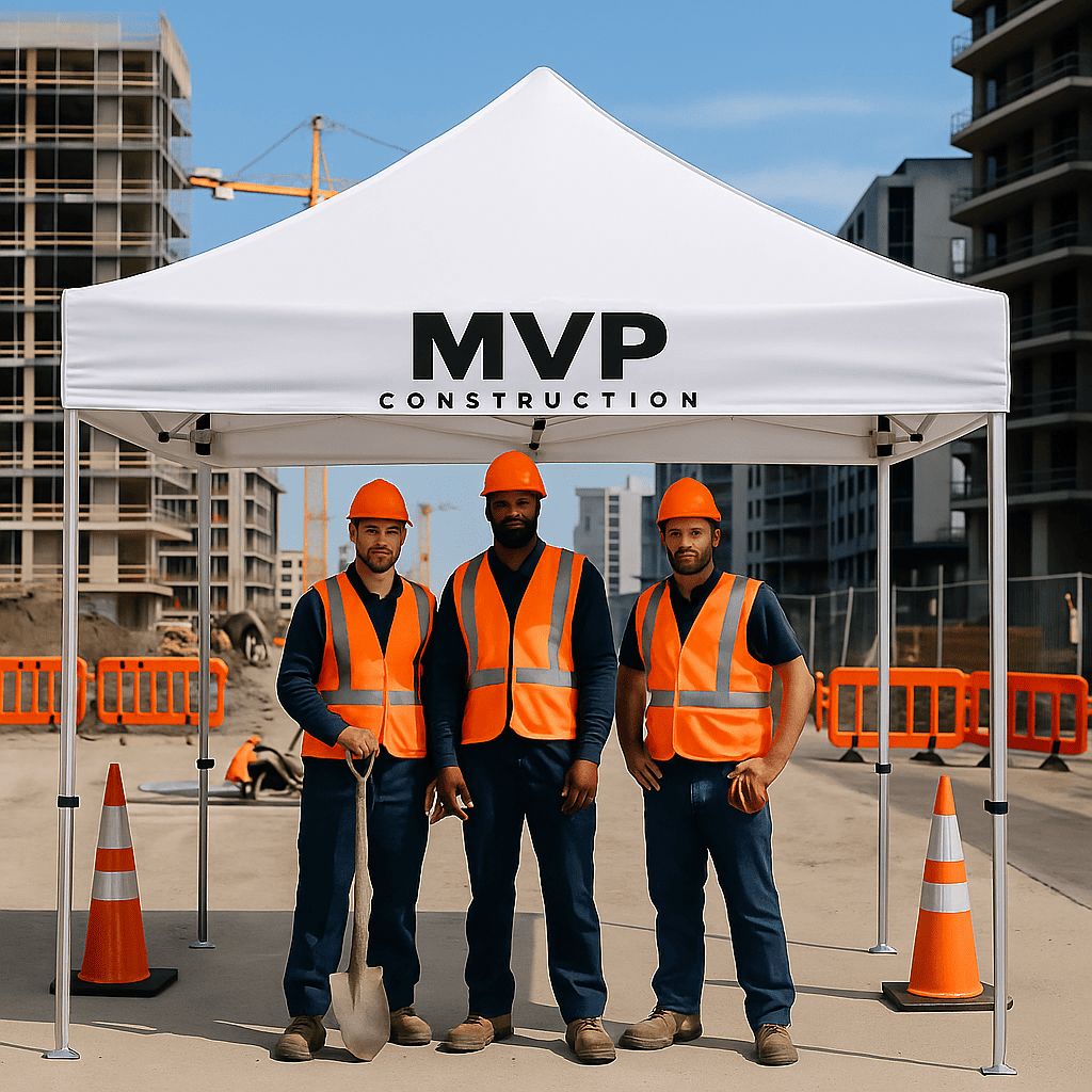 three crew from MVP construction under 10x10 white custom canopy tent with MVP construction branding on the valance