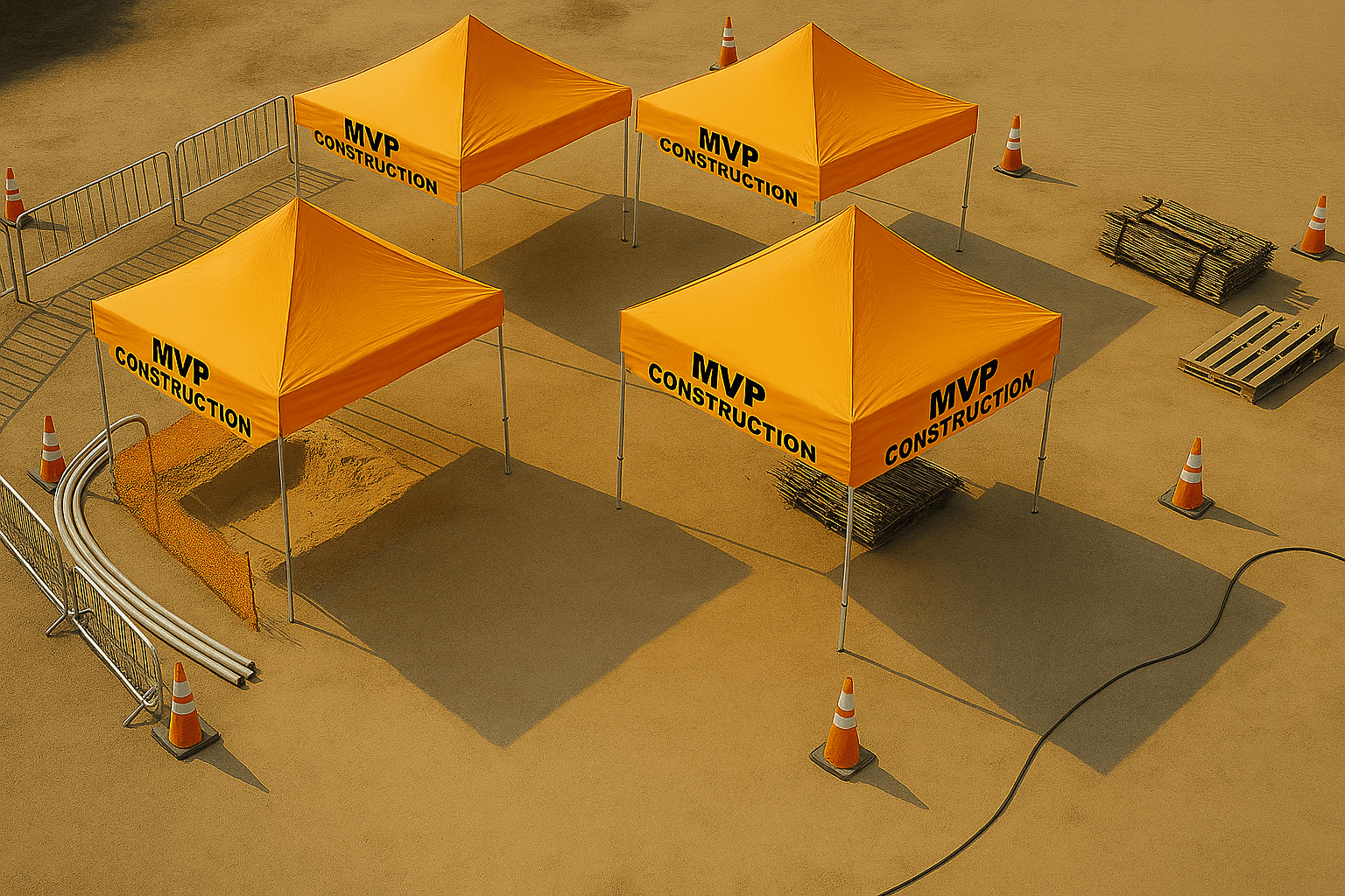 Drone view of multiple orange canopy tents at a construction site with no workers visible, surrounded by safety barriers, traffic cones, and construction materials on a sunny day.