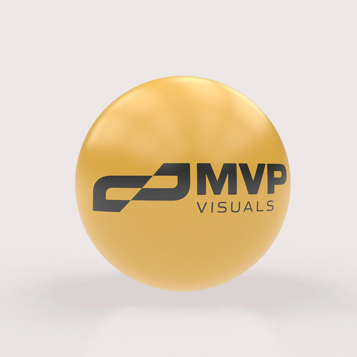 Yellow inflatable sphere buoy featuring the MVP Visuals logo, designed for high visibility and branding at water events.