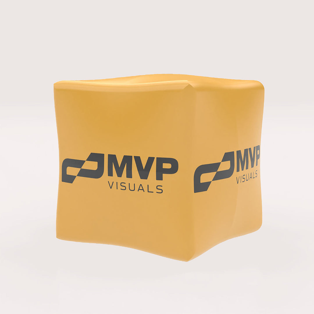 Yellow inflatable cube buoy with MVP Visuals logo on multiple sides, designed for branding and water event visibility.