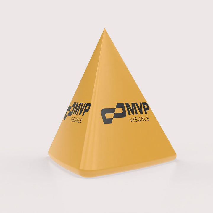 Yellow inflatable pyramid buoy with MVP Visuals logo on each side, designed for branding and course marking in open water events.
