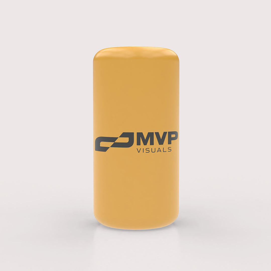 Yellow inflatable cylinder buoy featuring the MVP Visuals logo, designed for water event branding and course marking.