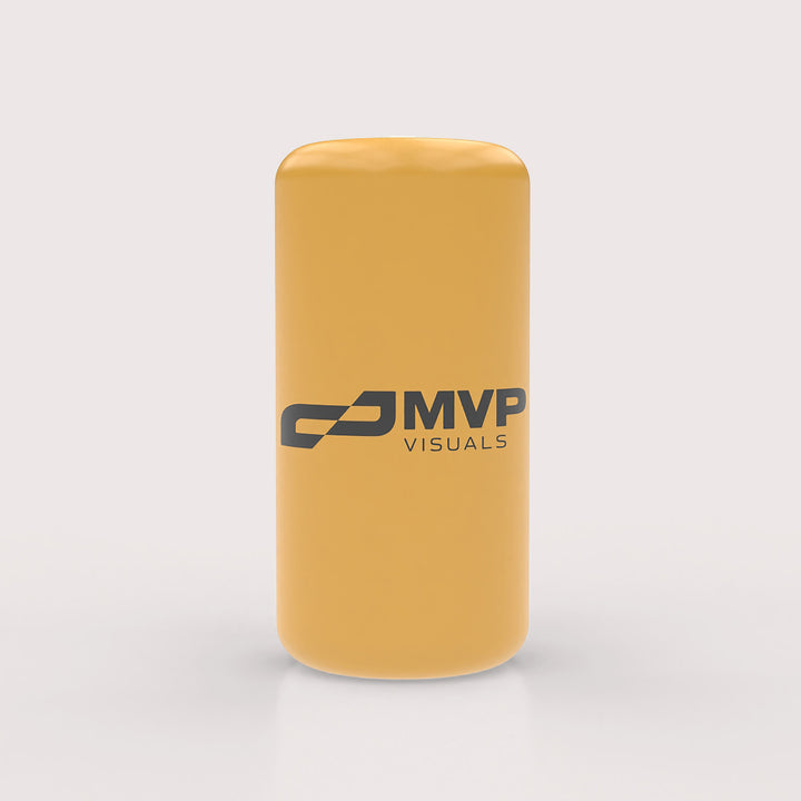 Yellow inflatable cylinder buoy featuring the MVP Visuals logo, designed for water event branding and course marking.