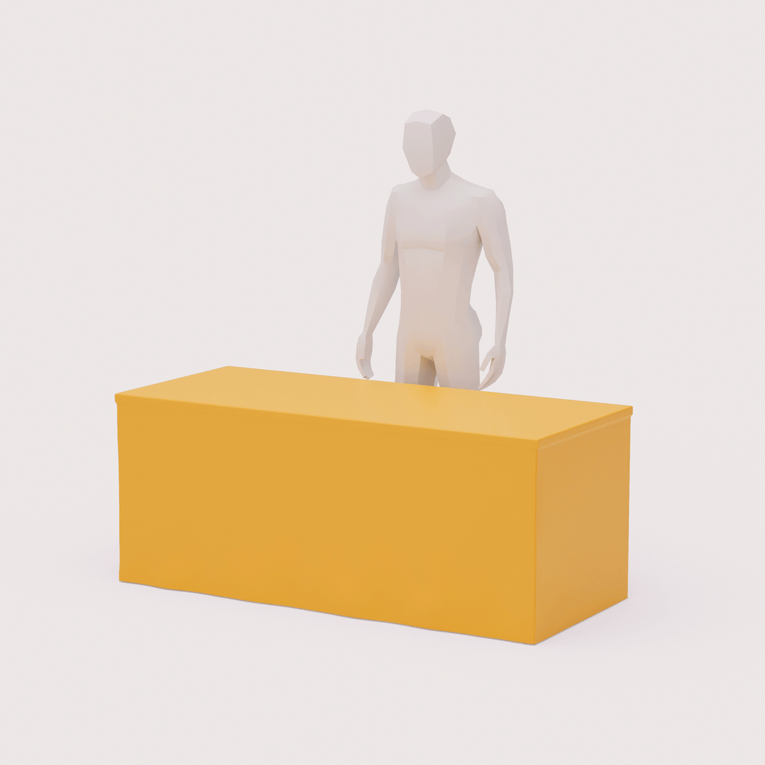 polyester fitted outdoor table cover with no pleased and closed back with a 3d model of man standing behind the table for scale