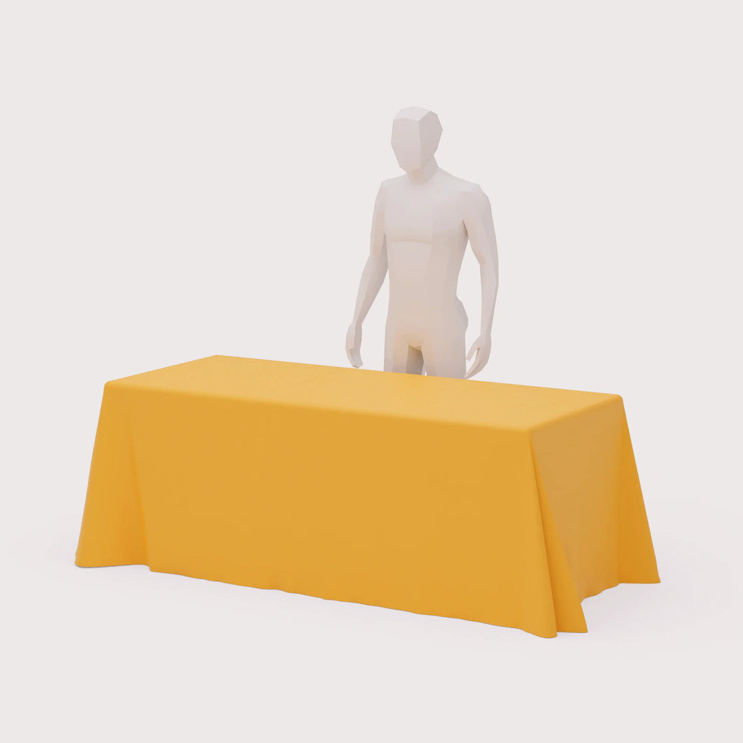 a model standing behind open back polyester table cover