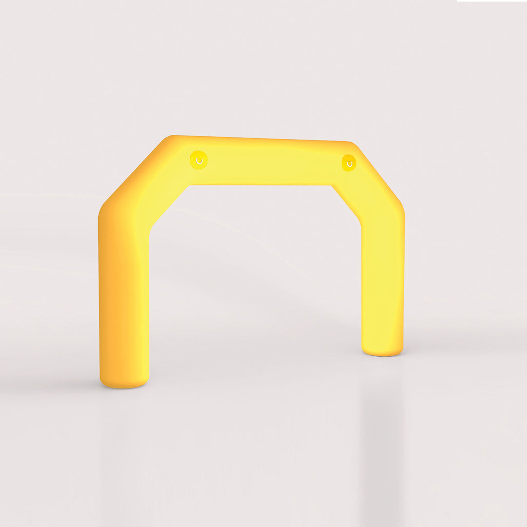 Plain yellow inflatable LED arch with rounded legs, displayed in a white indoor setting.