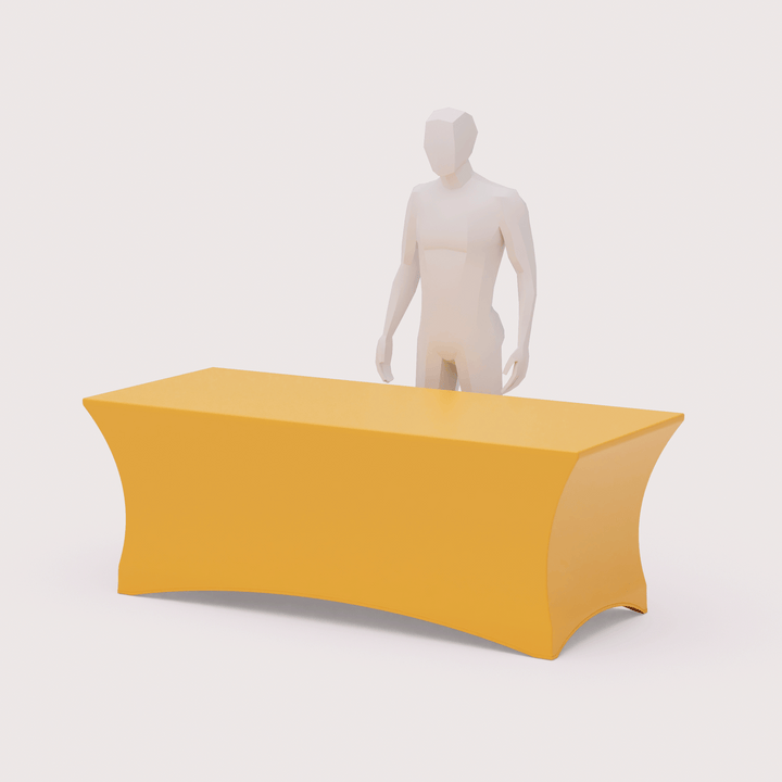 stretch table covers with a 3d model standing behind the table for scale