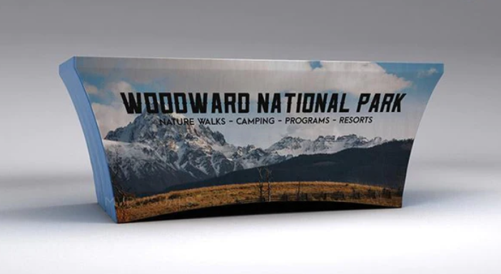Stunning full-color trade show table cover with Woodward National Park scenery for impactful front panel display