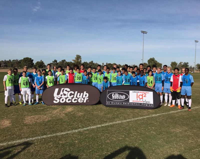 us club soccer full team photoshoot with two large horizontal pop out banners in front of the players