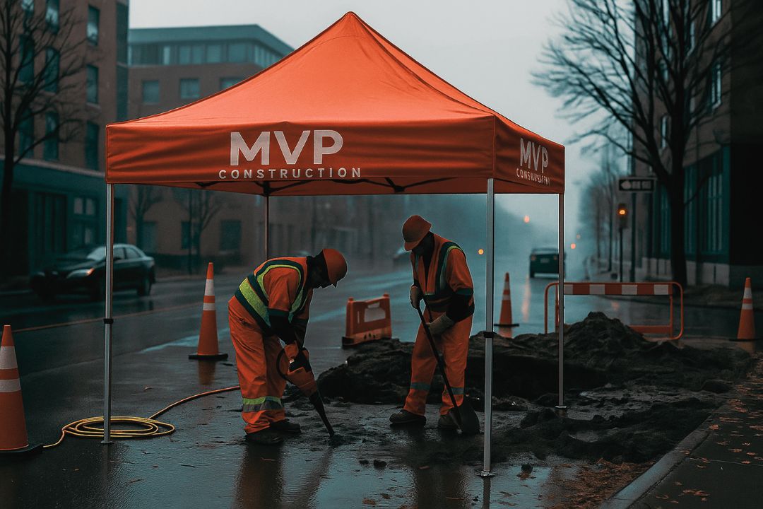 MVP Construction crew working under orange canopy on rainy street