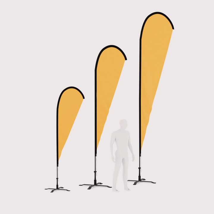 Three different sizes of teardrop banner flags with a flag base and a 3D model for scale