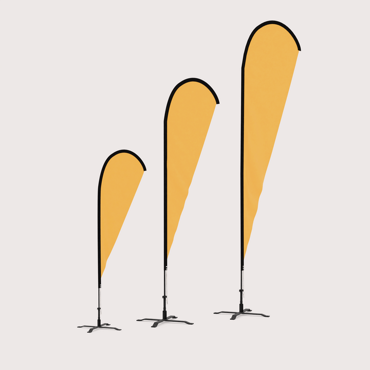 Three different sizes of teardrop feather flags with a flag base
