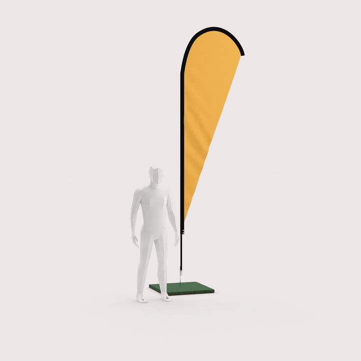 medium teardrop banner flag with a ground spike and a 3D model for scale