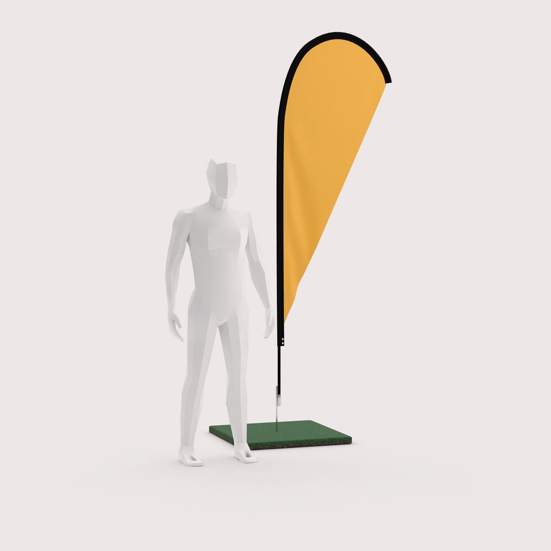 9 ft teardrop banner flag with a ground spike and a 3D model for scale