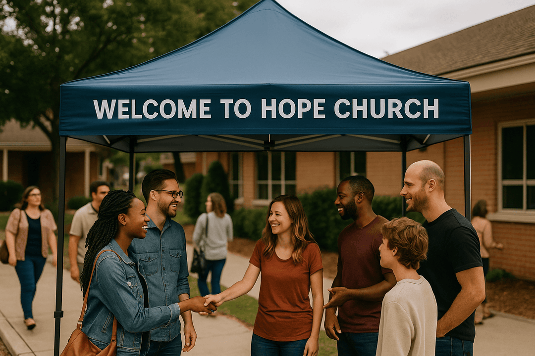 Group of people standing under a 'Welcome to Hope Church' tent on a sidewalk.