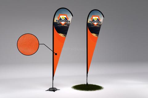Custom printed teardrop flags with orange design and sportoday logo for outdoor promotions