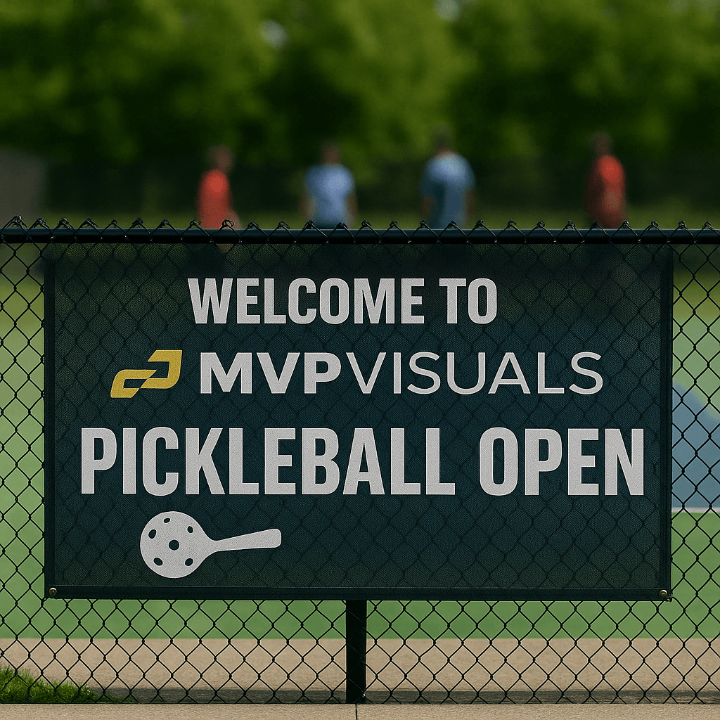 MVP Visuals Pickleball Open mesh banner on chain link fence with blurred people standing on pickleball court in background