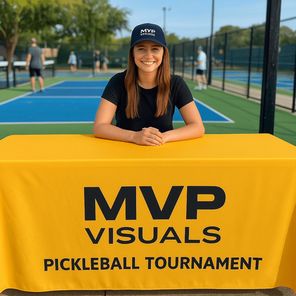 Woman at check-in sitting behind a yellow MVP Visuals Pickleball Tournament custom table cover on an outdoor pickleball court