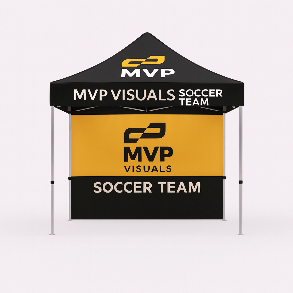 Front-facing product image of a 10x10 MVP Visuals Soccer Team canopy tent in black and gold with the MVP logo on the roof, 'MVP VISUALS SOCCER TEAM' on the valance, and 'MVP VISUALS' with 'SOCCER TEAM' on the full back wall.