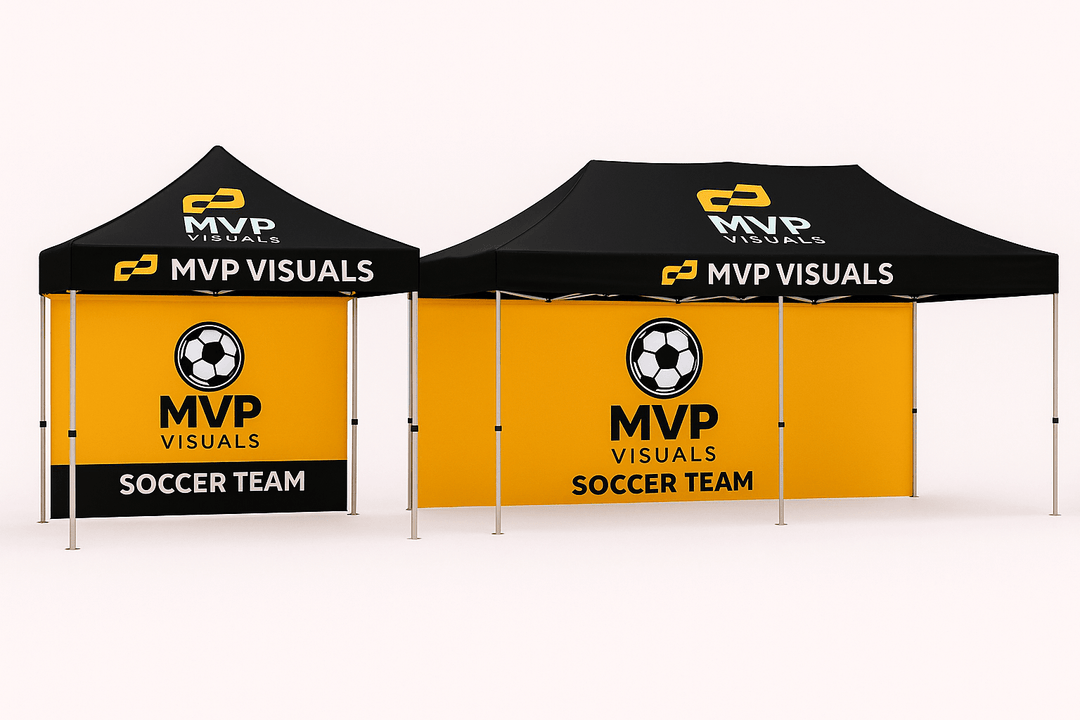Two MVP Visuals branded tents with soccer team design on a white background