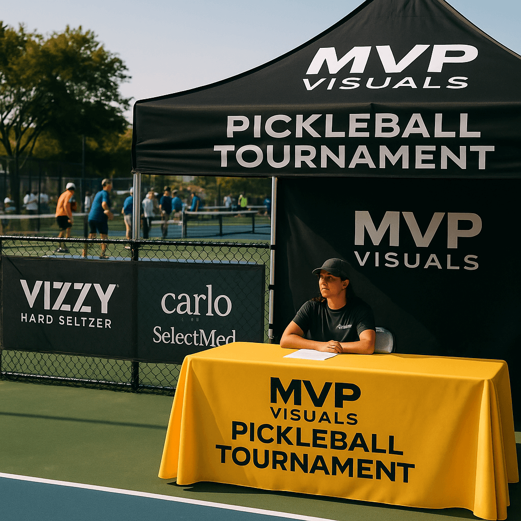 Pickleball tournament scene with sponsor logos displayed on mesh banners along chain-link fences, a branded canopy tent, and a custom table cover, creating a professional and organized look for the event.