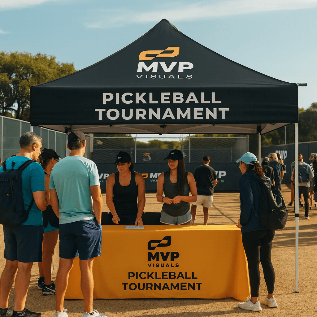 Custom MVP Visuals yellow table cover with logo and the words Pickleball Tournament displayed courtside at an outdoor pickleball event