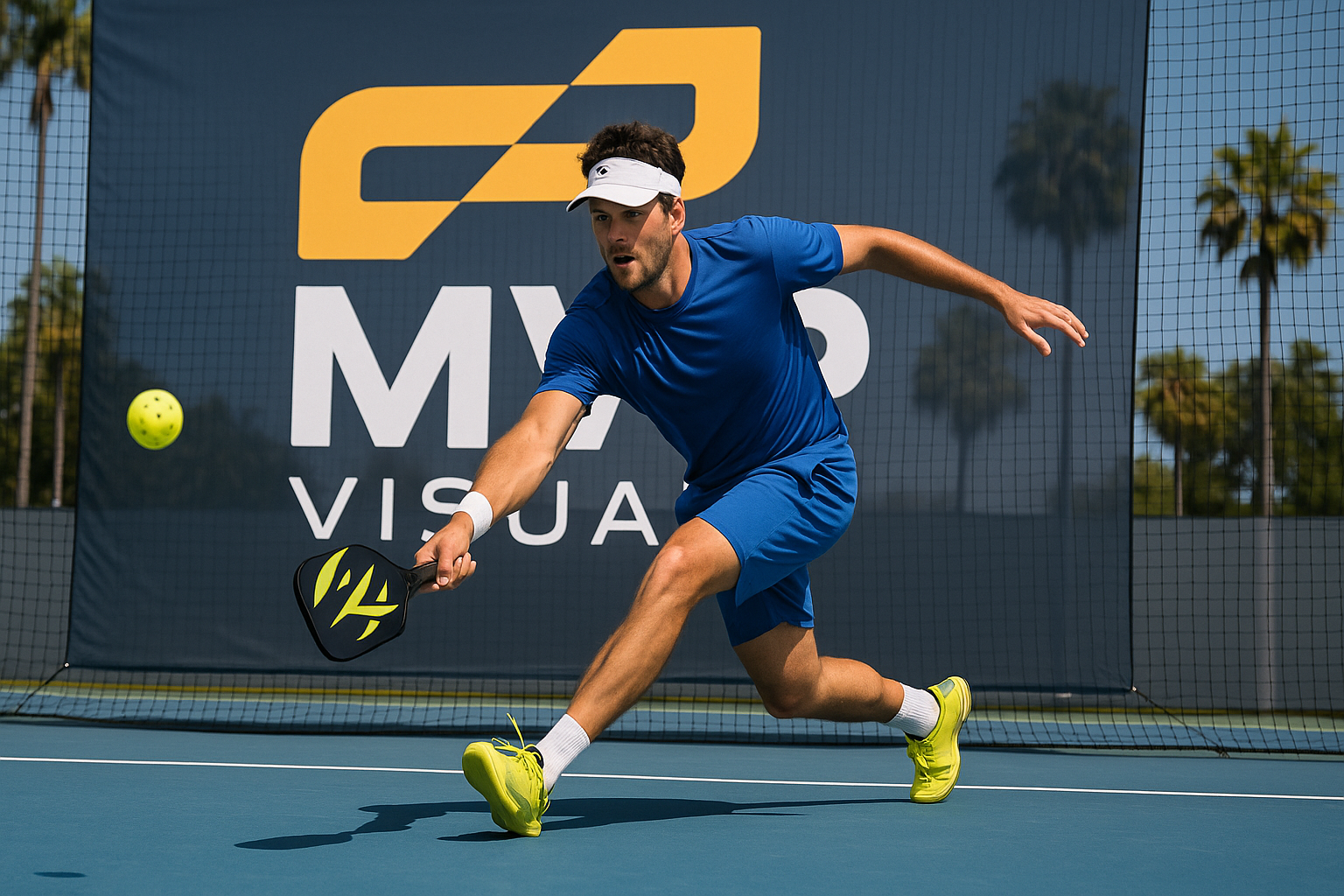 Live action pickleball tournament player lunging with paddle in front of large 12x12 MVP Visuals banner on court