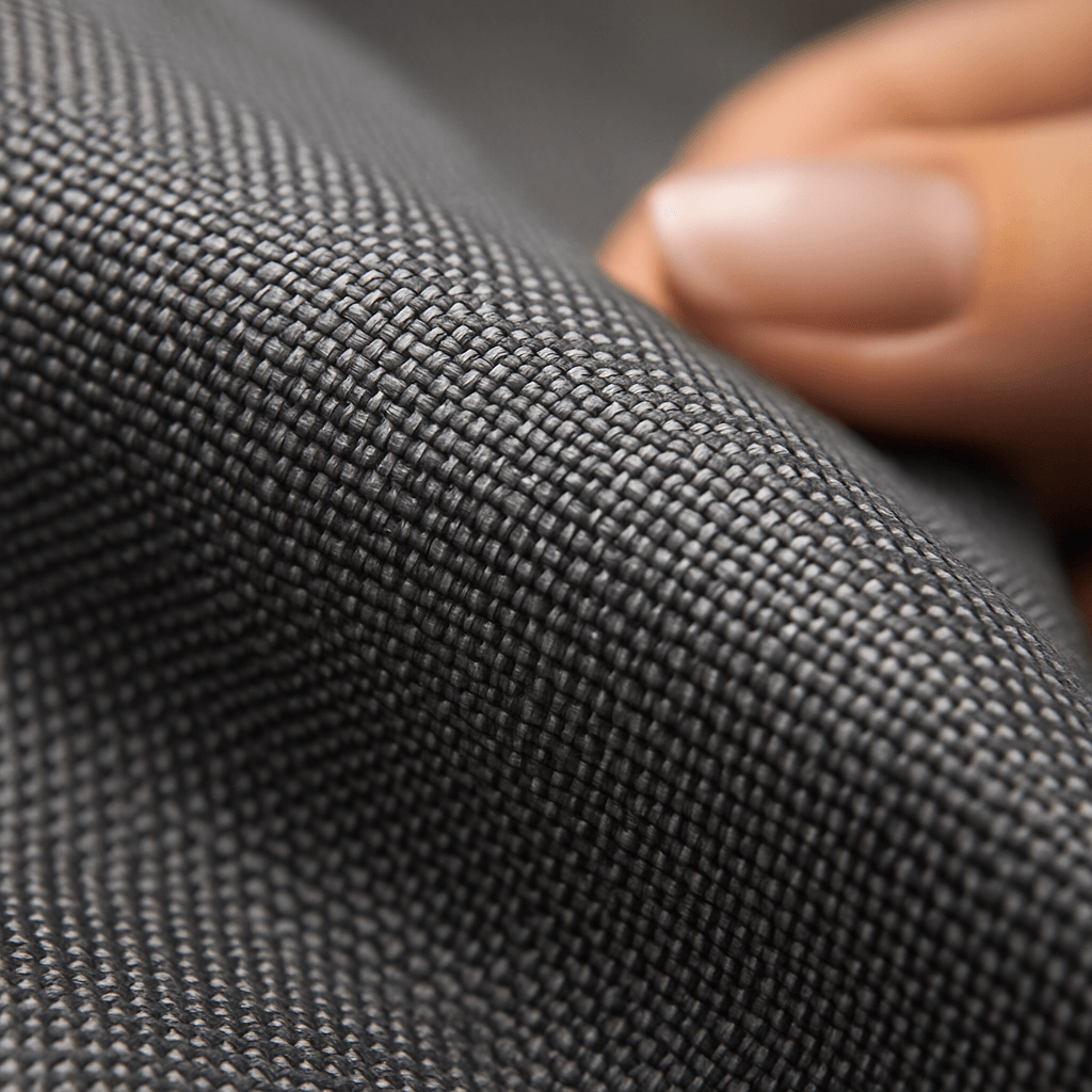 Macro close-up of polyester denier fabric with a hand holding it in the background, showing the durable weave texture.