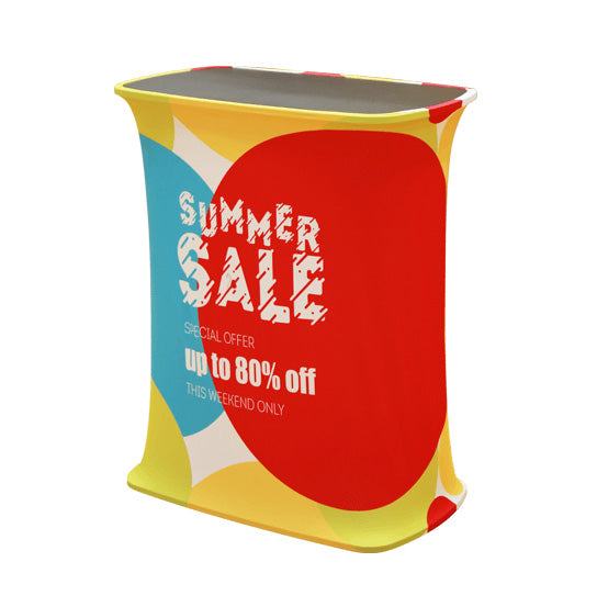 rectangular modern custom podium with summer sale messaging printed on the front